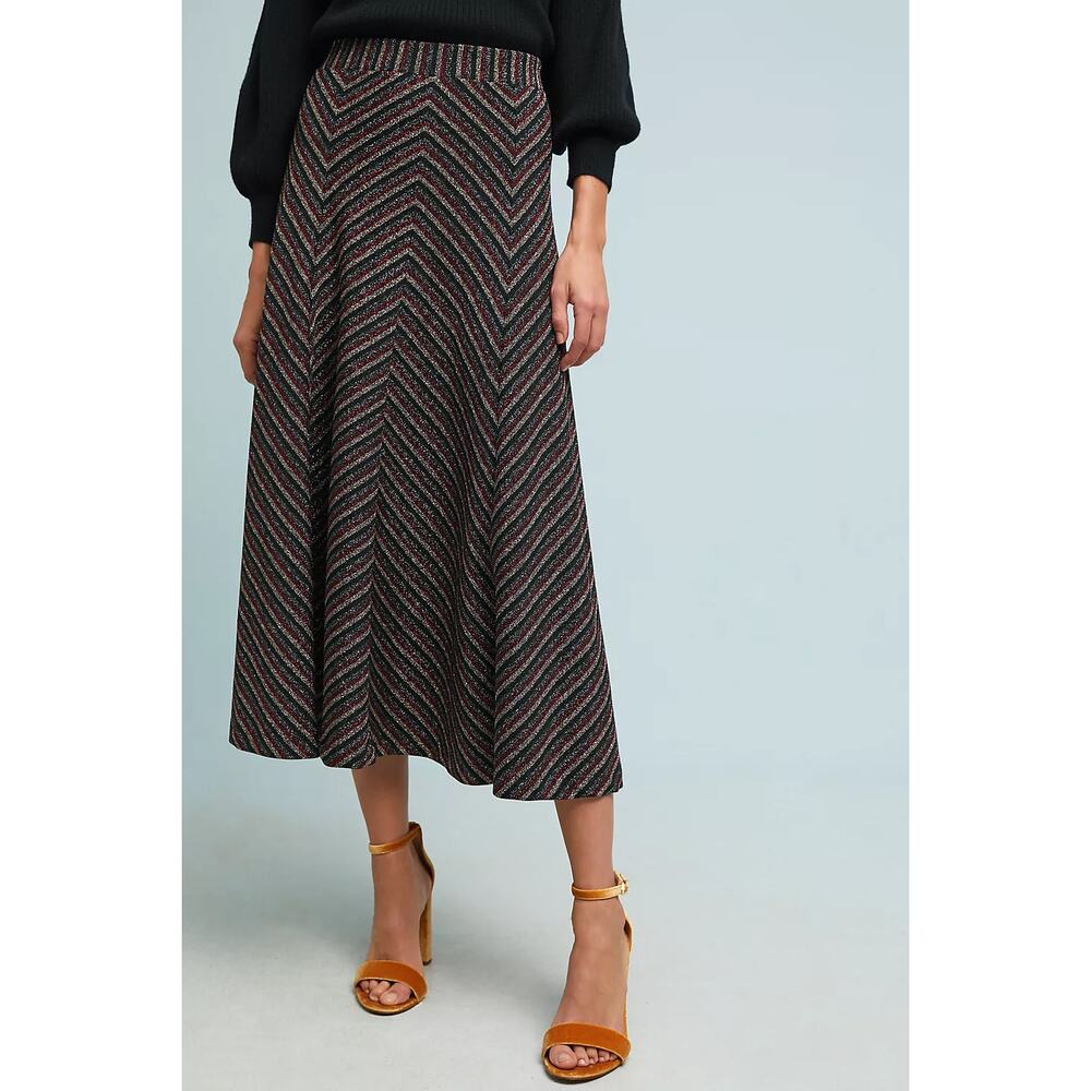 Anthropologie x Maeve Women's Chevron Shine Skirt Midi A‎ Line Black Metallic M